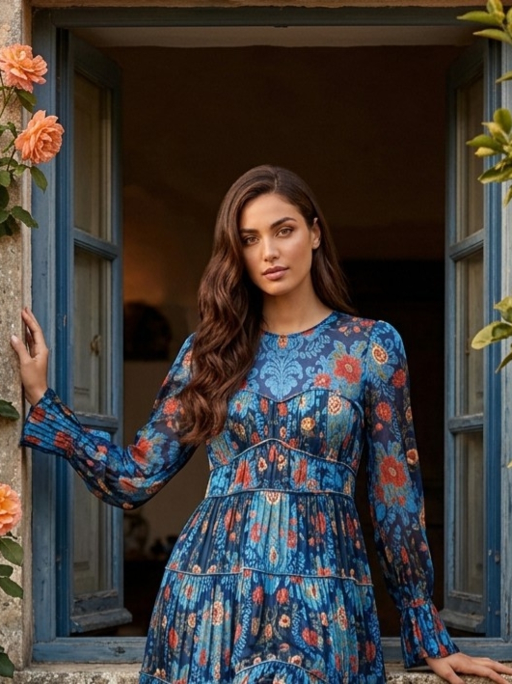 FARM Rio Blue Floral Tiered Maxi Dress $320 Retail - Picture 4 of 7